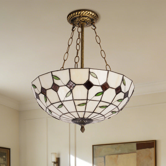 Vintage Stained Glass Semi Flush Mount Ceiling Light | Handcrafted Leaf Pattern Ceiling Lamp