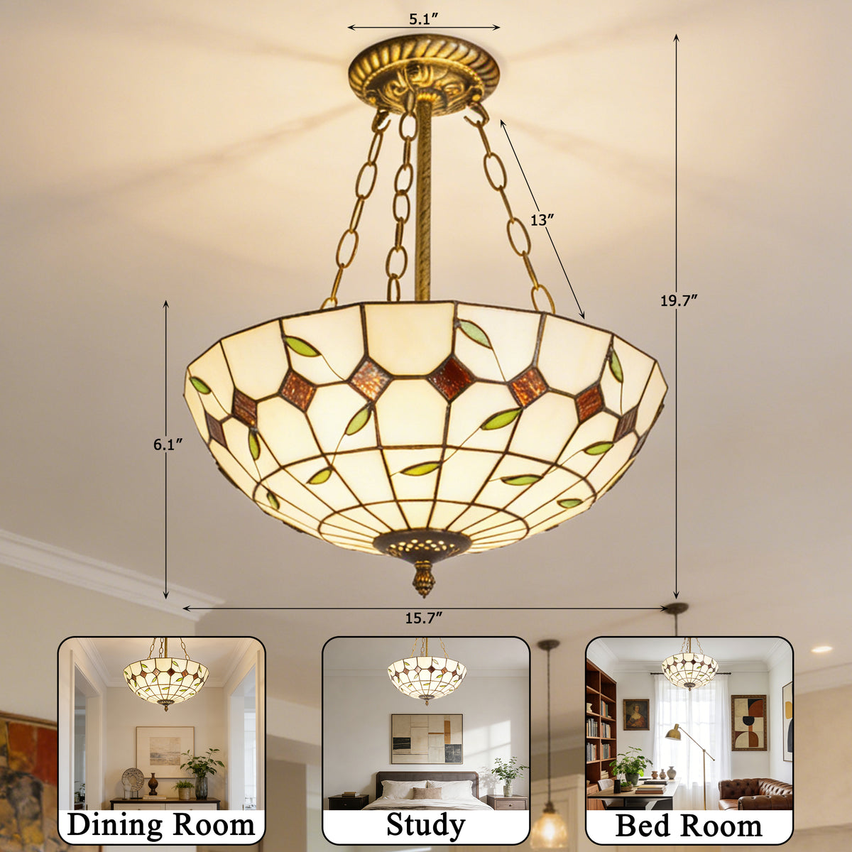 Vintage Stained Glass Semi Flush Mount Ceiling Light | Handcrafted Leaf Pattern Ceiling Lamp