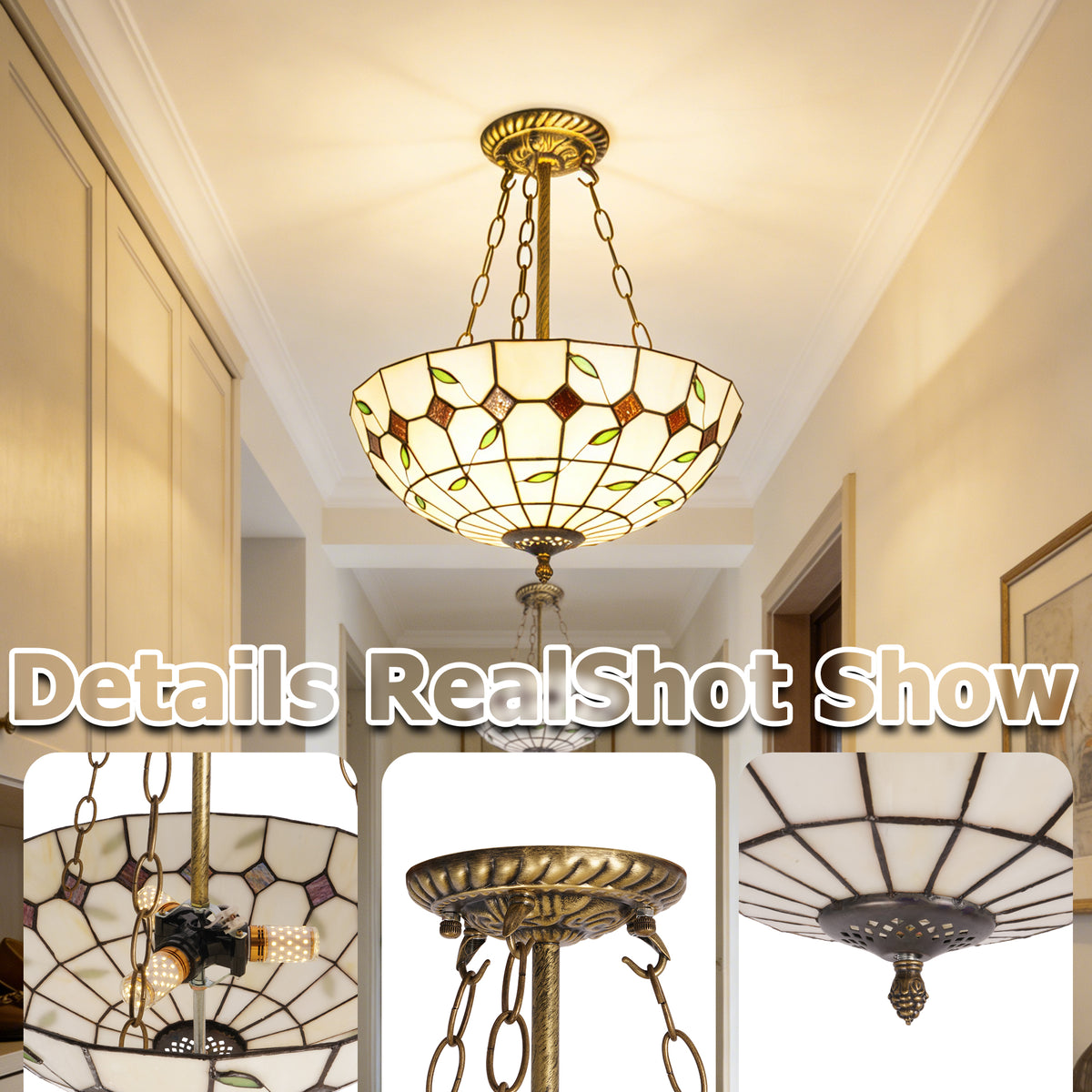 Vintage Stained Glass Semi Flush Mount Ceiling Light | Handcrafted Leaf Pattern Ceiling Lamp