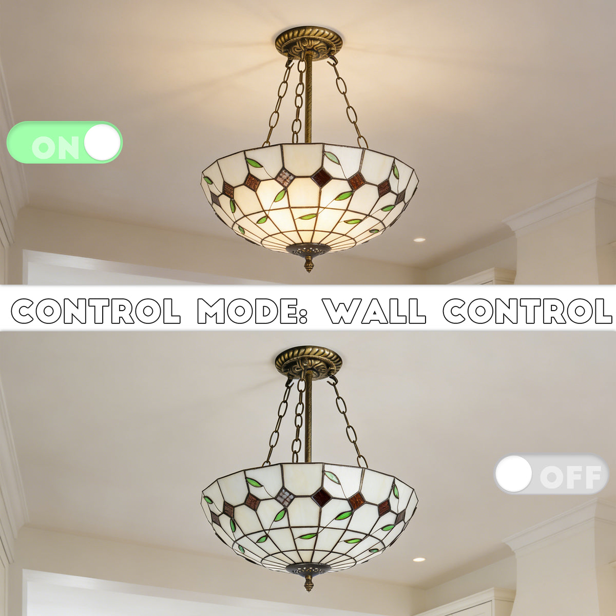 Vintage Stained Glass Semi Flush Mount Ceiling Light | Handcrafted Leaf Pattern Ceiling Lamp