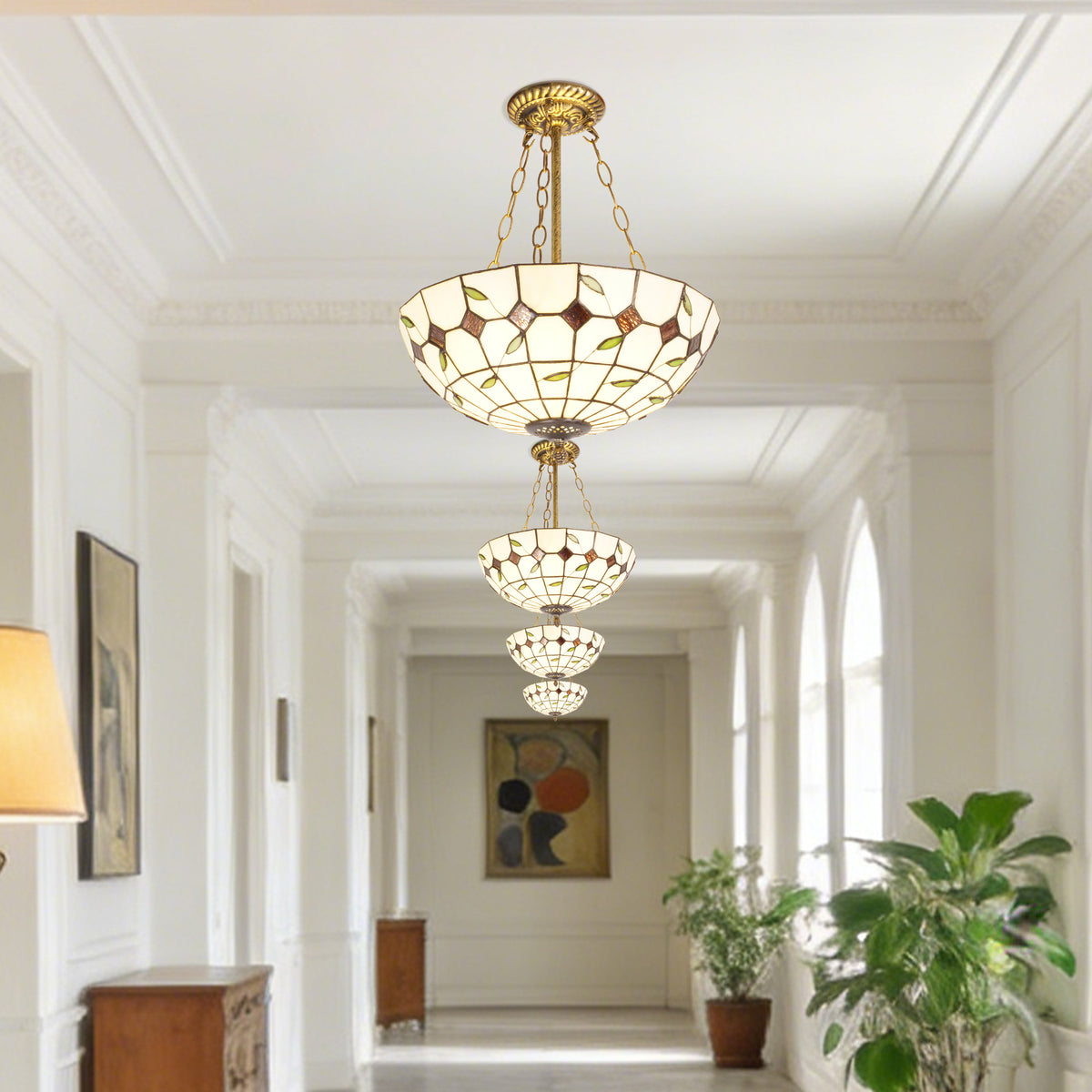Vintage Stained Glass Semi Flush Mount Ceiling Light | Handcrafted Leaf Pattern Ceiling Lamp