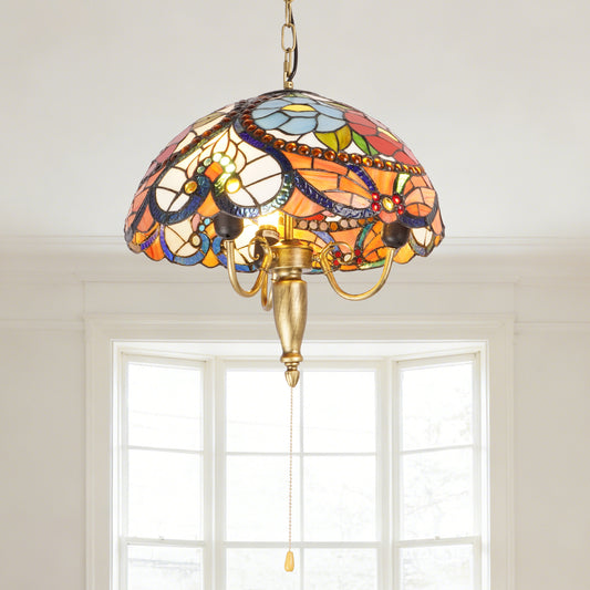 Vintage Stained Glass Pendant Light, 3-Light Semi Flush Mount Ceiling Light with Antique Brass Finish, Colorful Floral Pattern Hanging Lamp, Hallway