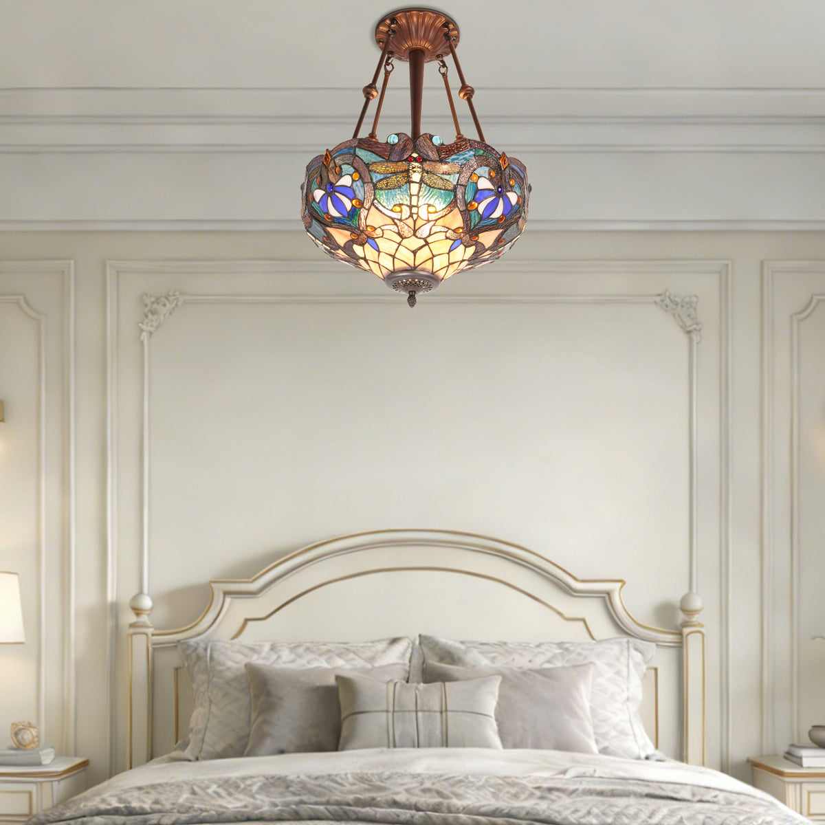 Dragonfly Stained Glass Semi-Flush Mount Chandelier - Coffee Brown 3-Light E26 Pendant Light