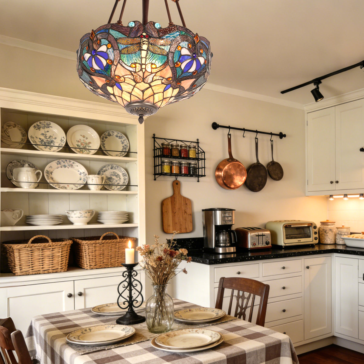 Dragonfly Stained Glass Semi-Flush Mount Chandelier - Coffee Brown 3-Light E26 Pendant Light