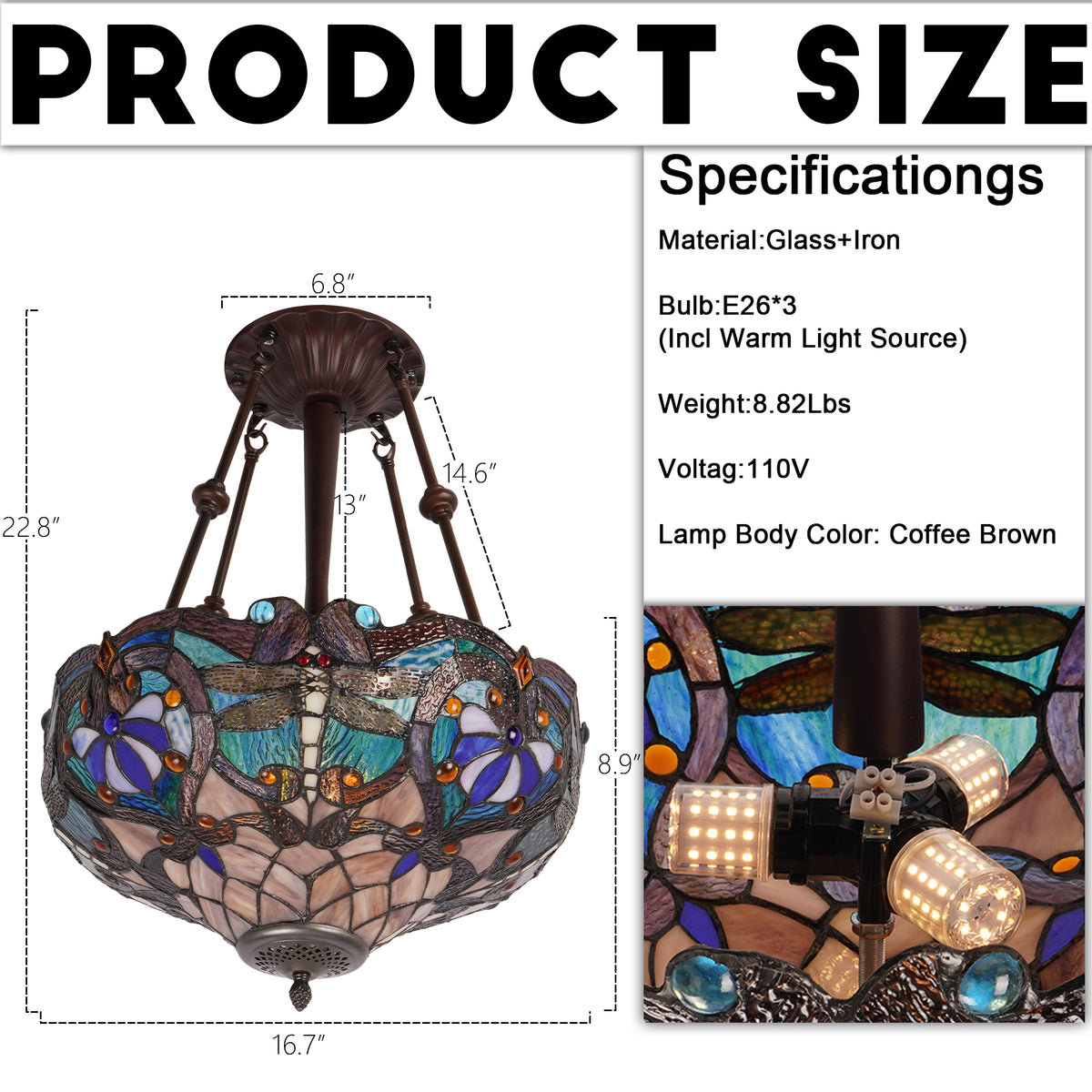 Dragonfly Stained Glass Semi-Flush Mount Chandelier - Coffee Brown 3-Light E26 Pendant Light