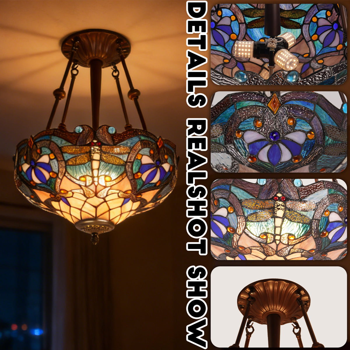 Dragonfly Stained Glass Semi-Flush Mount Chandelier - Coffee Brown 3-Light E26 Pendant Light