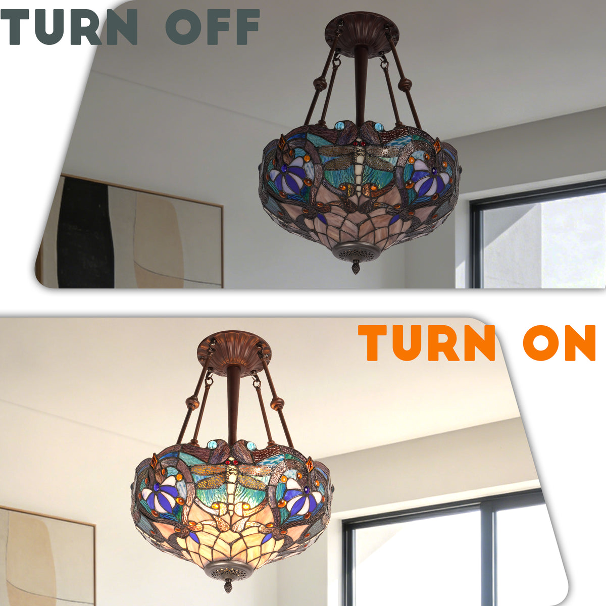 Dragonfly Stained Glass Semi-Flush Mount Chandelier - Coffee Brown 3-Light E26 Pendant Light