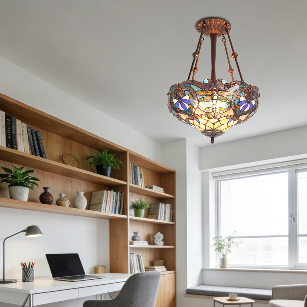 Dragonfly Stained Glass Semi-Flush Mount Chandelier - Coffee Brown 3-Light E26 Pendant Light