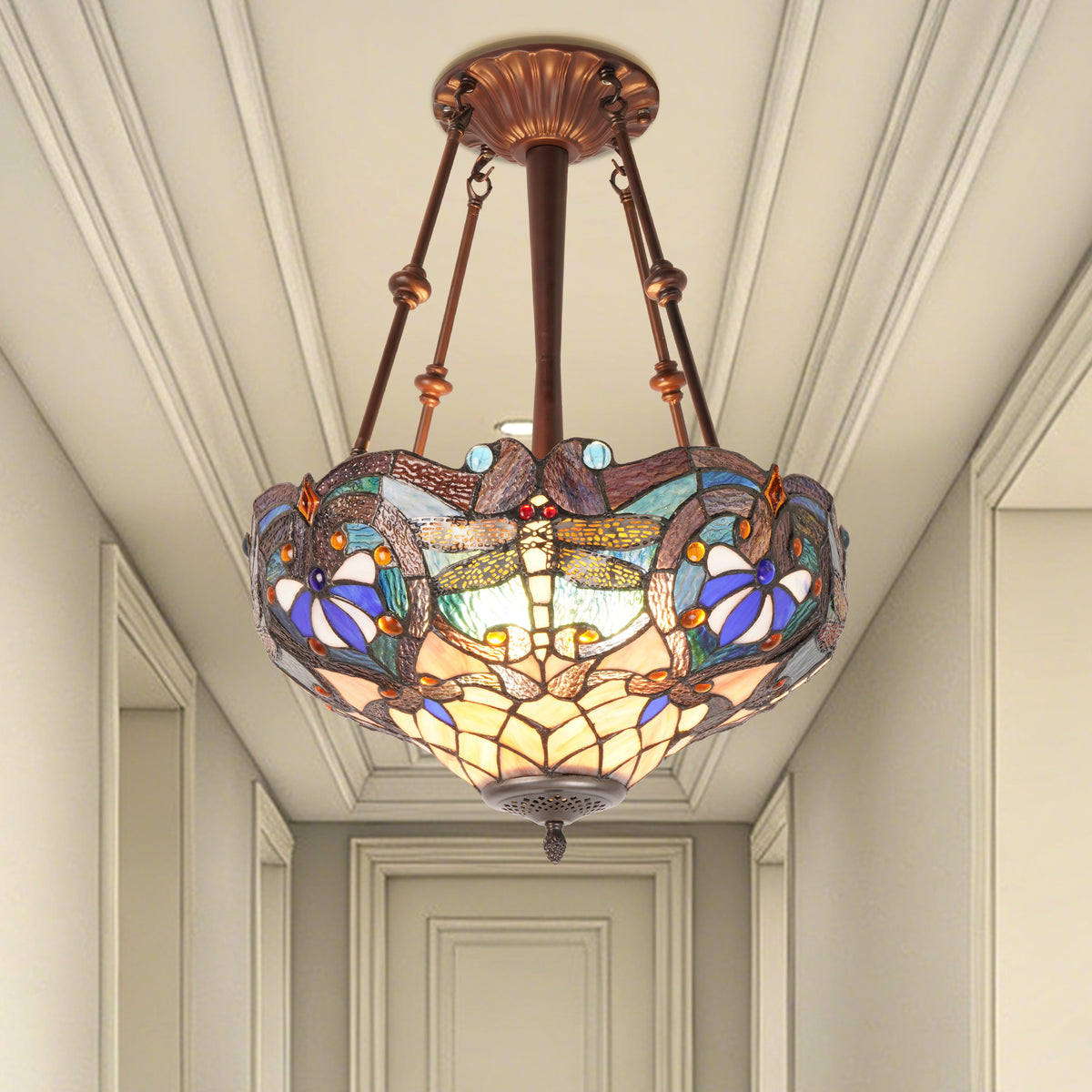Dragonfly Stained Glass Semi-Flush Mount Chandelier - Coffee Brown 3-Light E26 Pendant Light