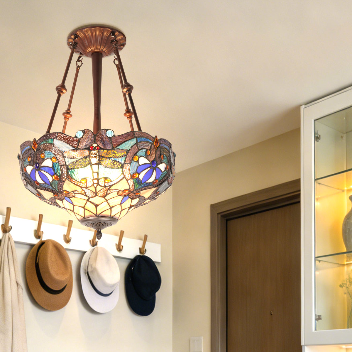 Dragonfly Stained Glass Semi-Flush Mount Chandelier - Coffee Brown 3-Light E26 Pendant Light