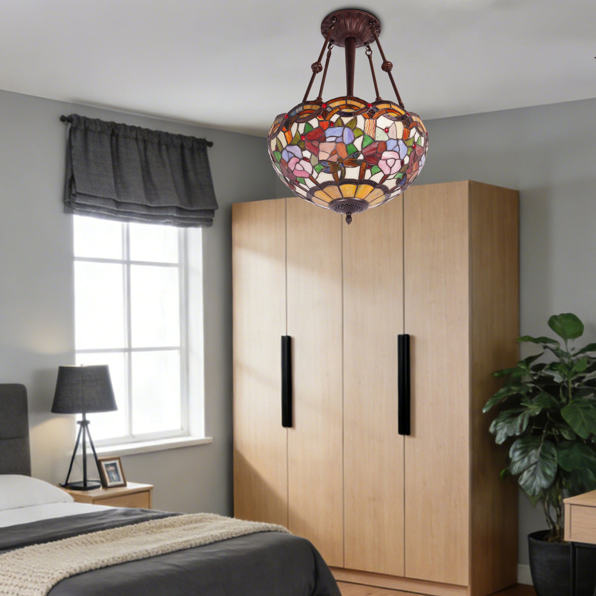 Flower & Dragonfly Stained Glass Semi-Flush Mount Chandelier - Antique Bronze 3-Light E26 Pendant Light