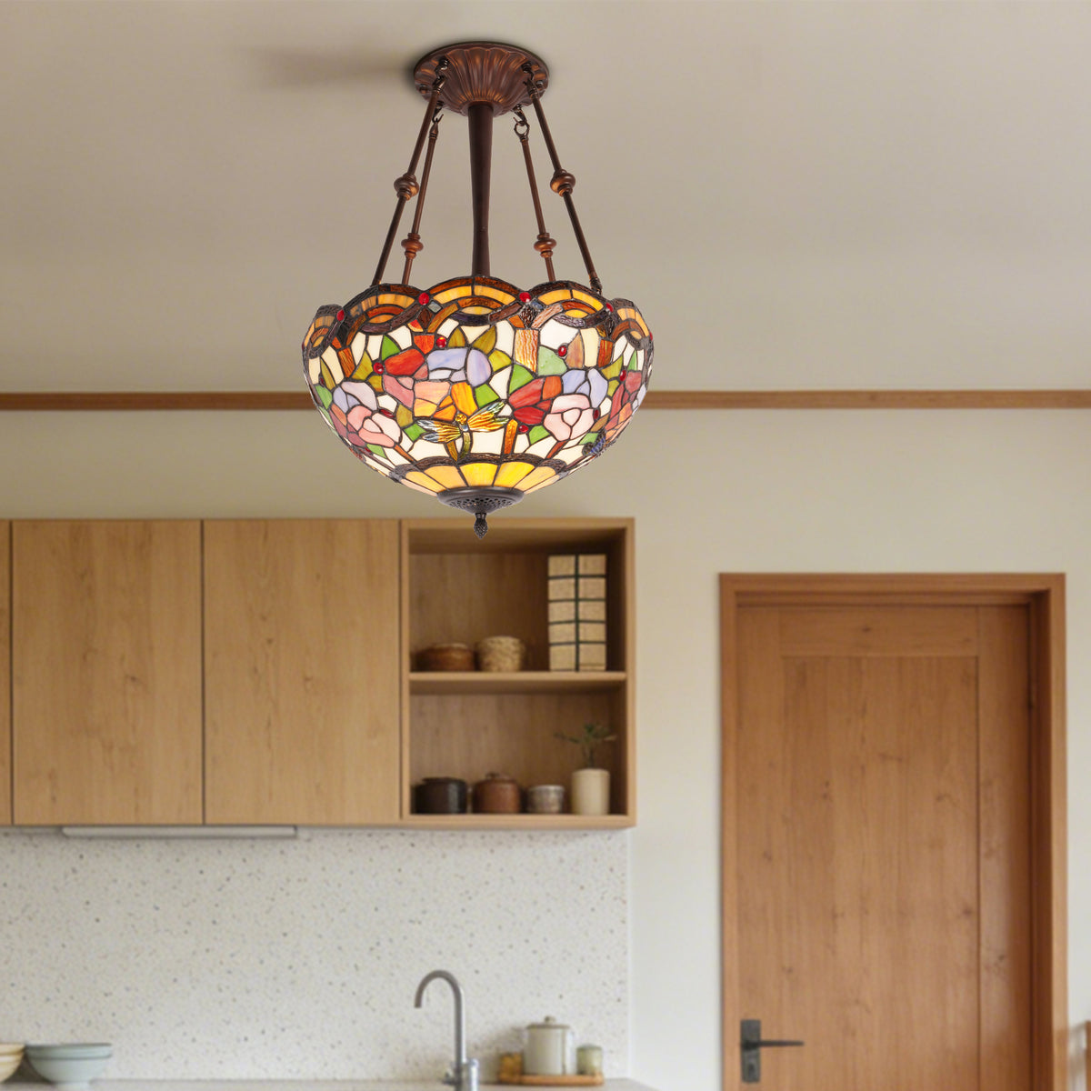 Flower & Dragonfly Stained Glass Semi-Flush Mount Chandelier - Antique Bronze 3-Light E26 Pendant Light