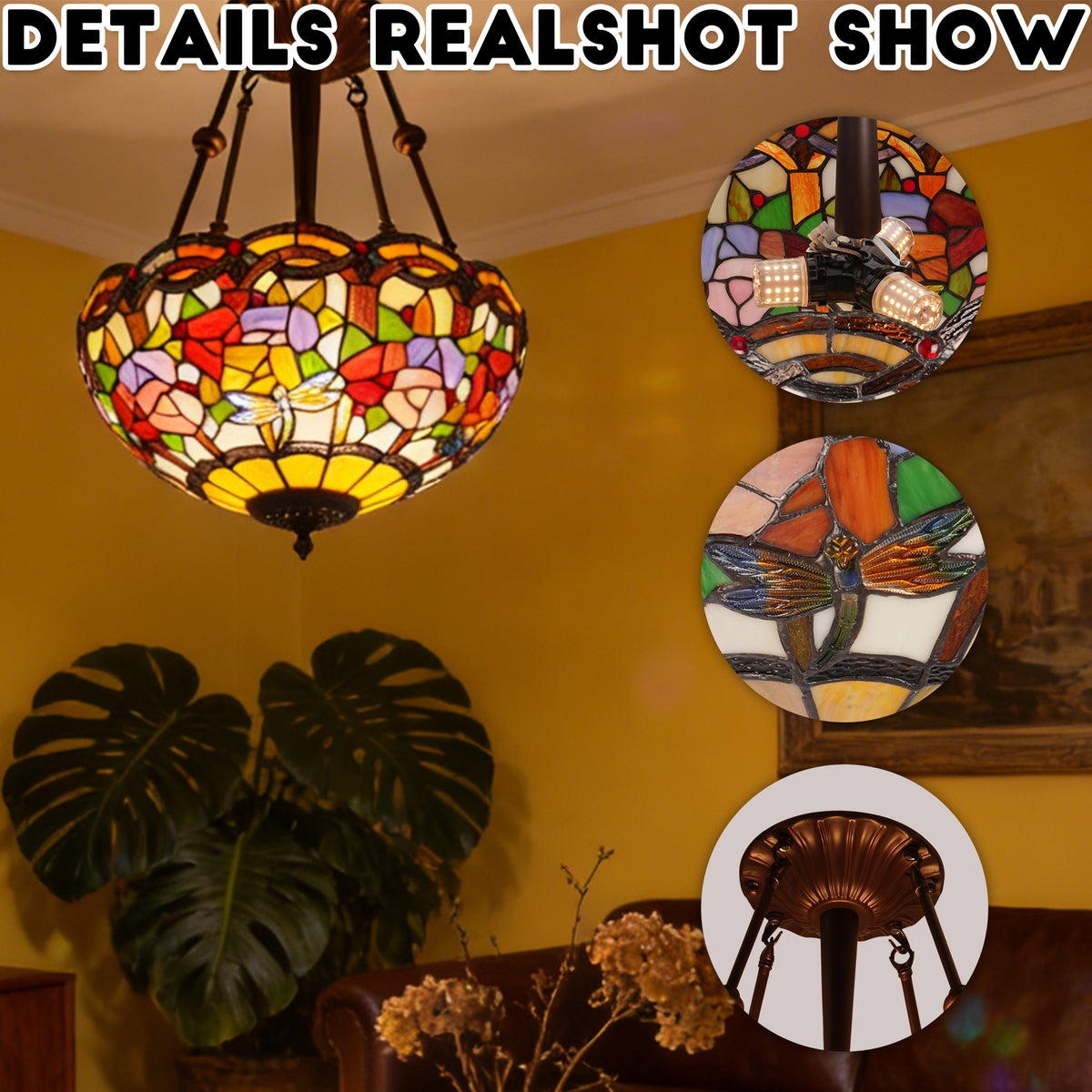 Flower & Dragonfly Stained Glass Semi-Flush Mount Chandelier - Antique Bronze 3-Light E26 Pendant Light