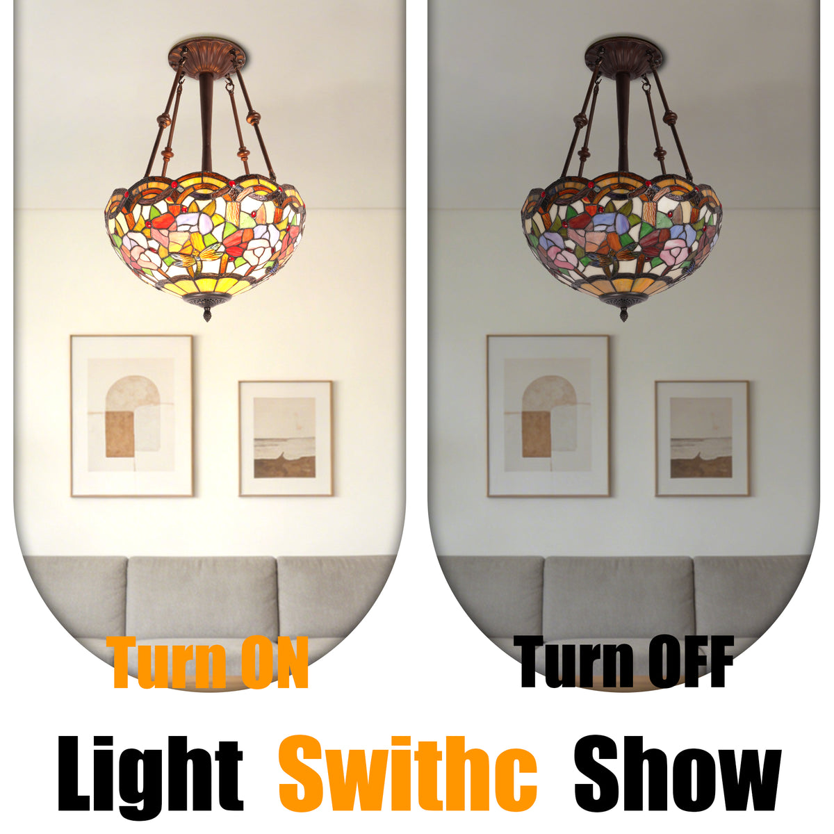 Flower & Dragonfly Stained Glass Semi-Flush Mount Chandelier - Antique Bronze 3-Light E26 Pendant Light