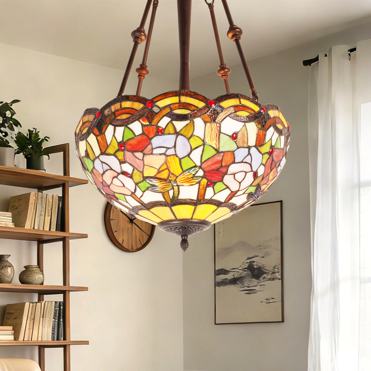 Flower & Dragonfly Stained Glass Semi-Flush Mount Chandelier - Antique Bronze 3-Light E26 Pendant Light