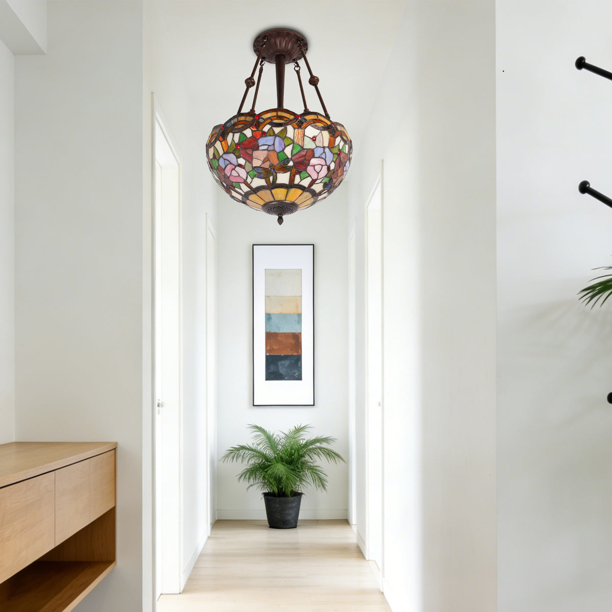 Flower & Dragonfly Stained Glass Semi-Flush Mount Chandelier - Antique Bronze 3-Light E26 Pendant Light