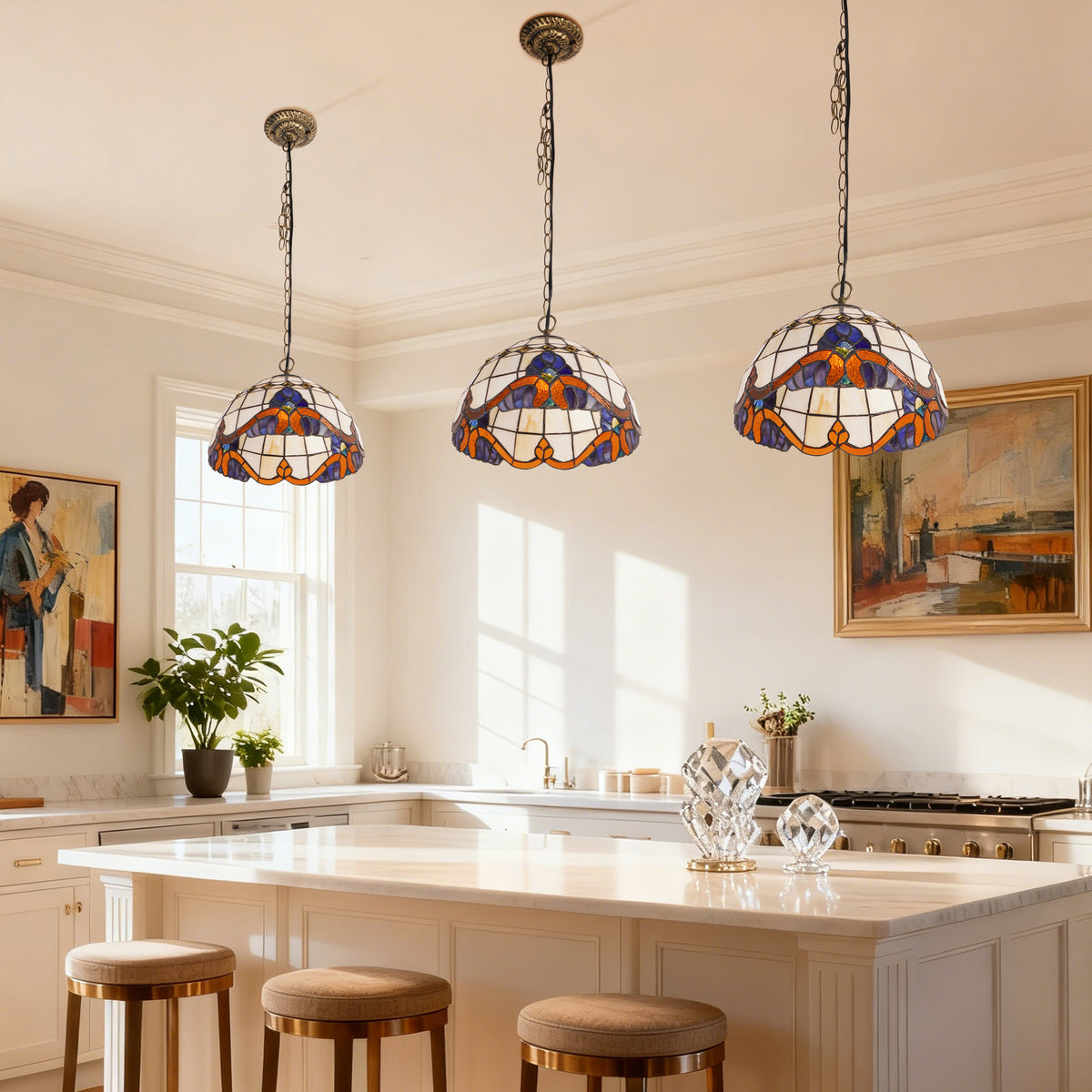 Stained Glass Vintage Style Pendant Light, 11.8 Inch Hanging Lamp with E26 Base, Bronze Finish Ceiling Pendant Lighting