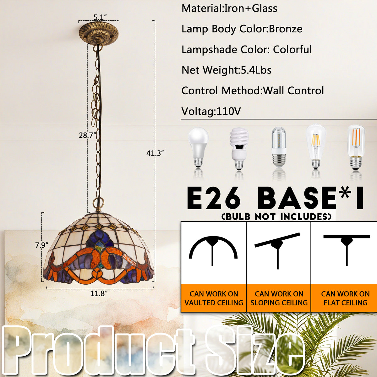 Stained Glass Vintage Style Pendant Light, 11.8 Inch Hanging Lamp with E26 Base, Bronze Finish Ceiling Pendant Lighting