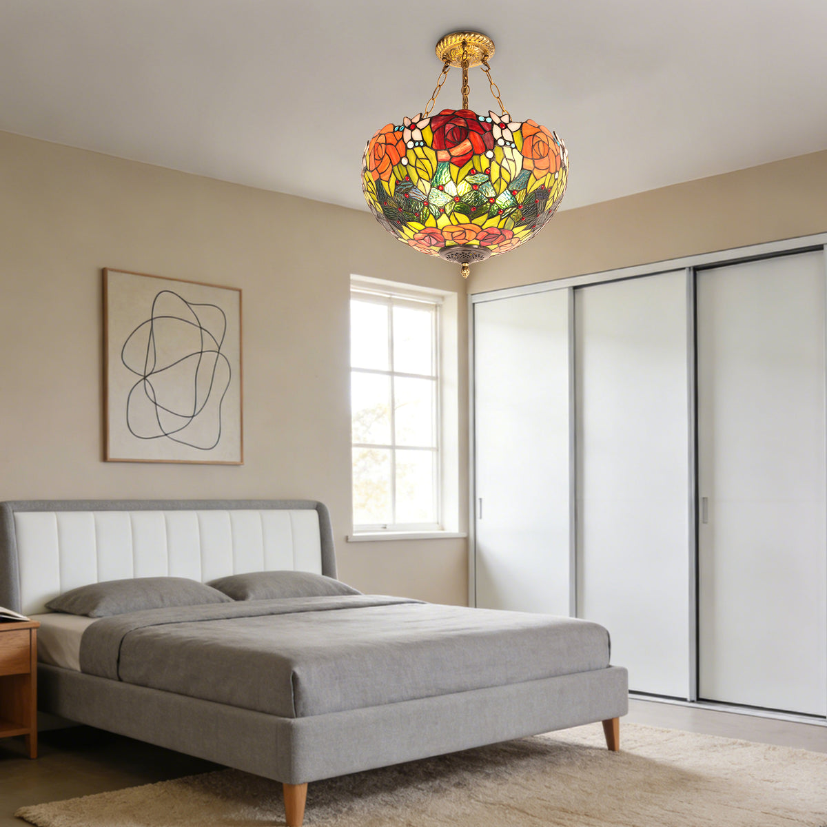 Rose Stained Glass Semi-Flush Mount Chandelier - 3-Light E26 Pendant Light