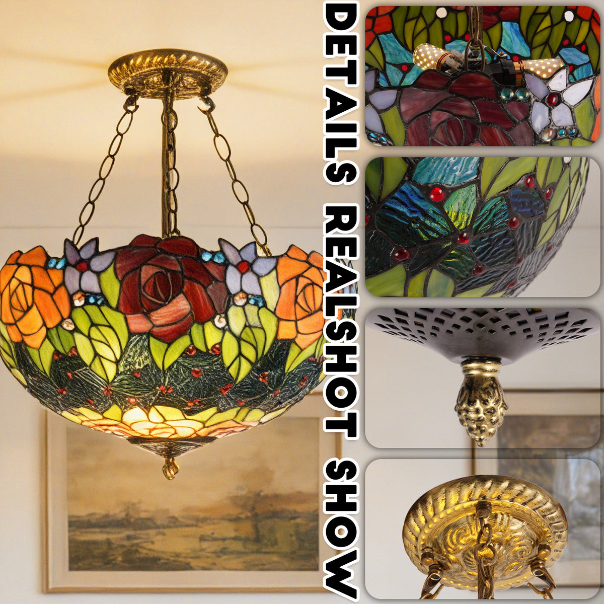 Rose Stained Glass Semi-Flush Mount Chandelier - 3-Light E26 Pendant Light