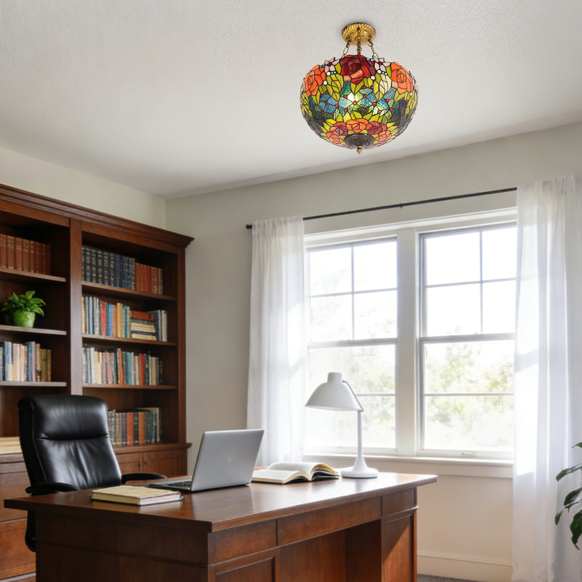 Rose Stained Glass Semi-Flush Mount Chandelier - 3-Light E26 Pendant Light