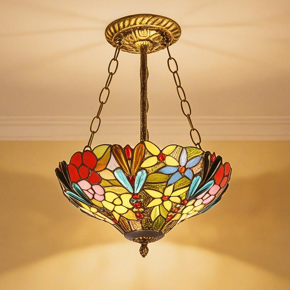 Floral Stained Glass Semi-Flush Mount Chandelier - Gold 2-Light E26 Pendant Light