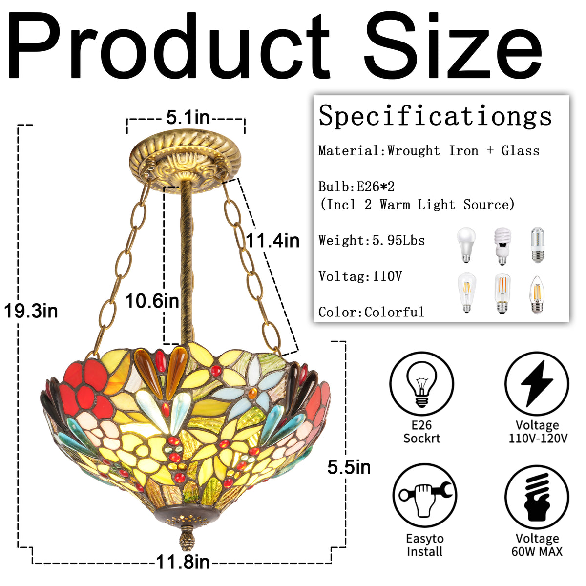 Floral Stained Glass Semi-Flush Mount Chandelier - Gold 2-Light E26 Pendant Light