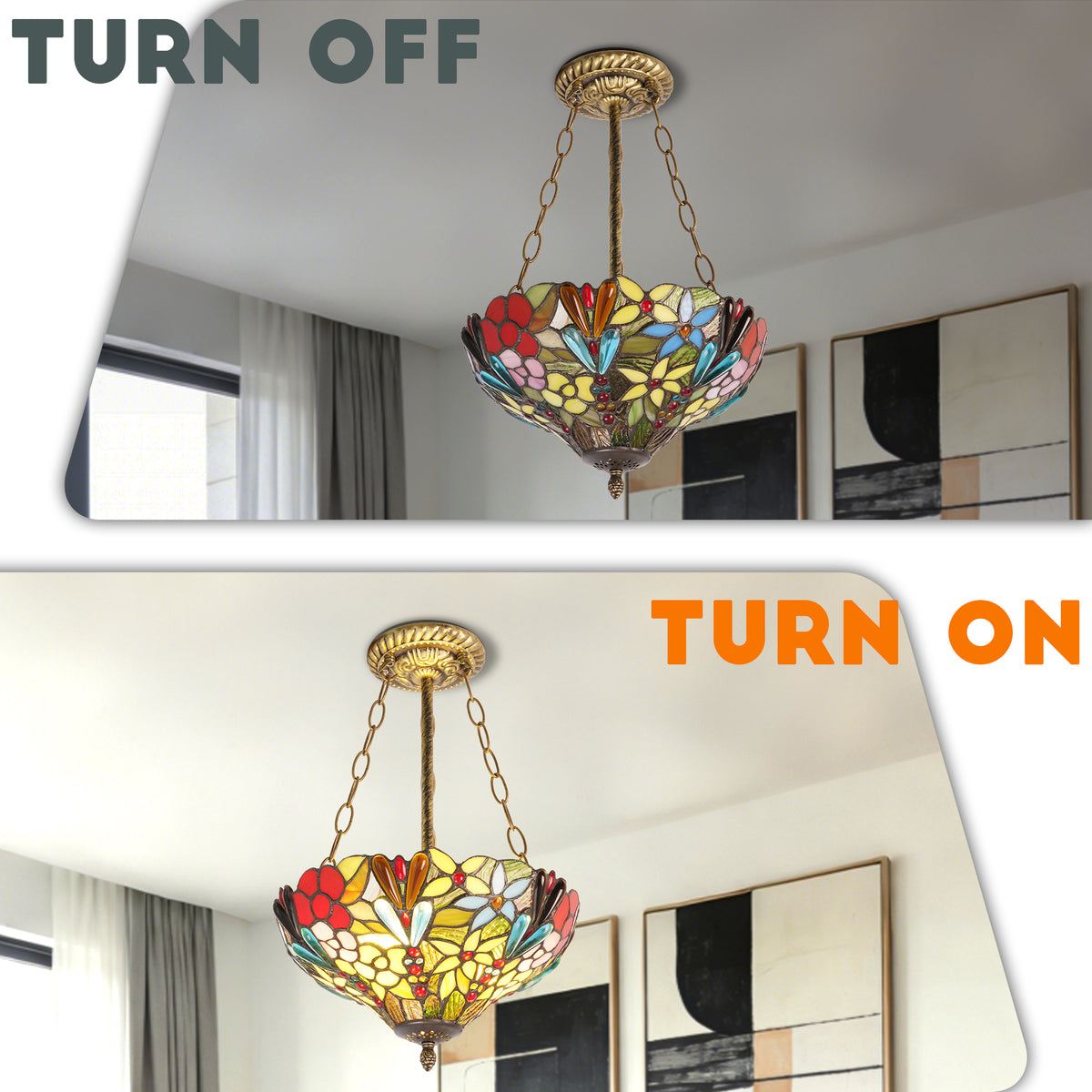 Floral Stained Glass Semi-Flush Mount Chandelier - Gold 2-Light E26 Pendant Light