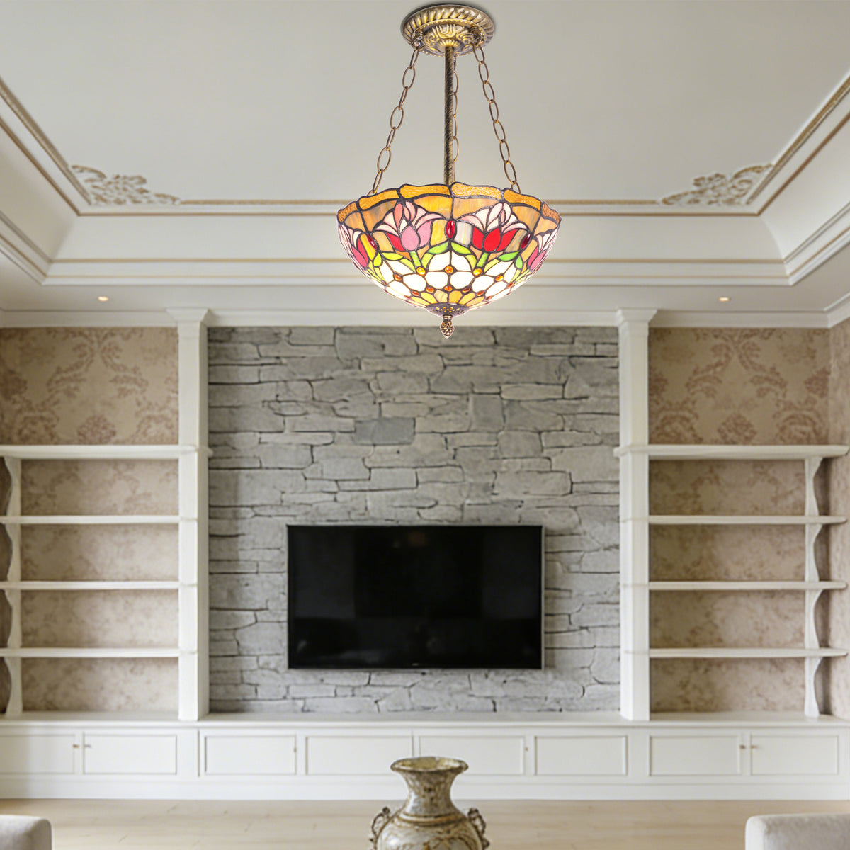 Tulip Stained Glass Semi-Flush Mount Chandelier - Gold 2-Light E26 Pendant Light