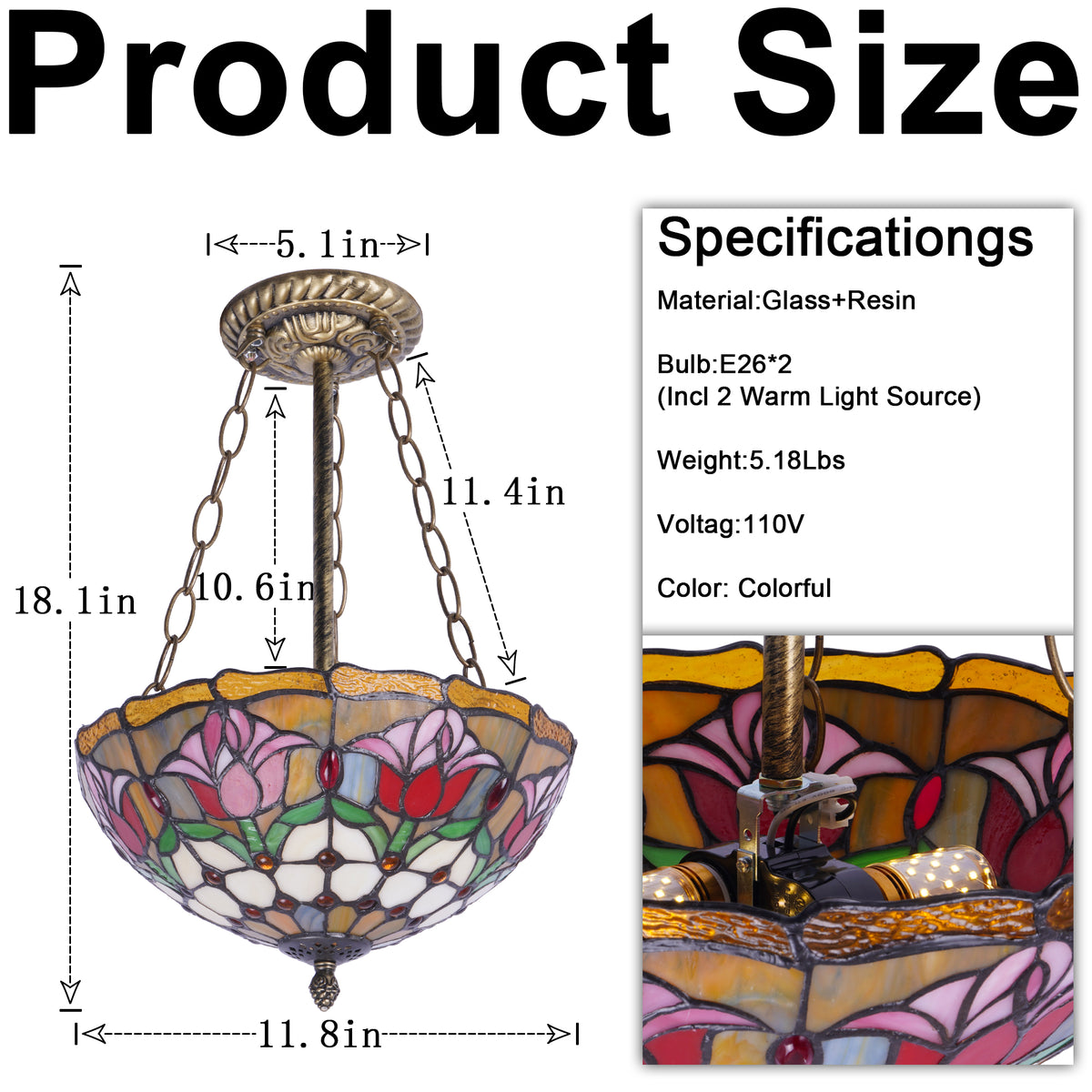 Tulip Stained Glass Semi-Flush Mount Chandelier - Gold 2-Light E26 Pendant Light