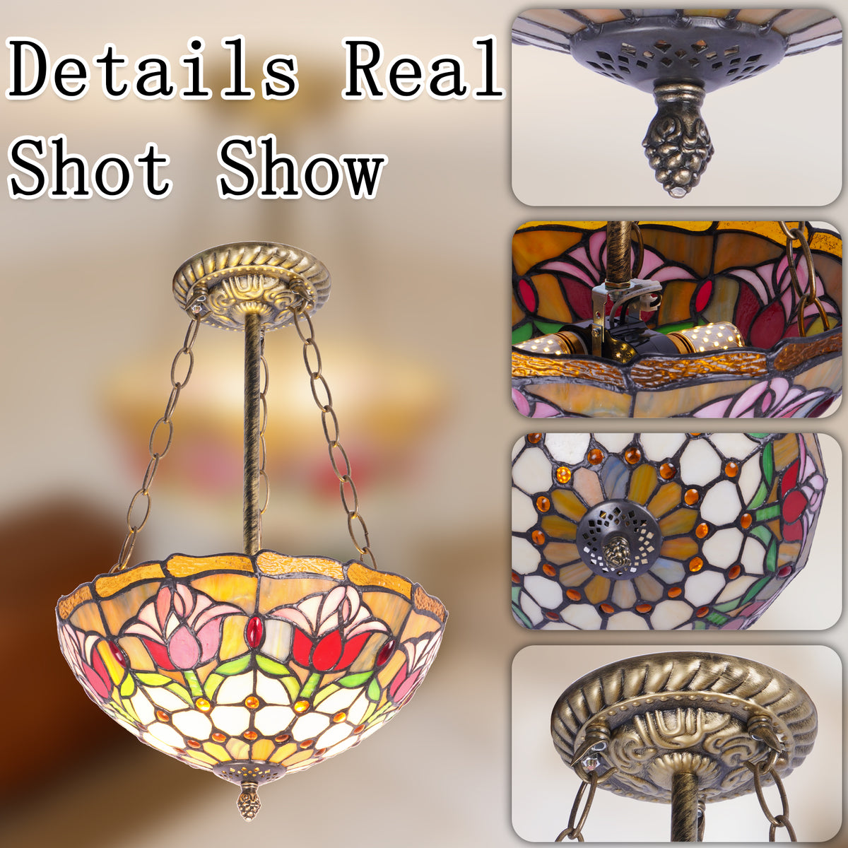 Tulip Stained Glass Semi-Flush Mount Chandelier - Gold 2-Light E26 Pendant Light
