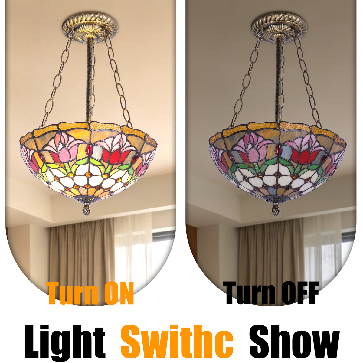 Tulip Stained Glass Semi-Flush Mount Chandelier - Gold 2-Light E26 Pendant Light