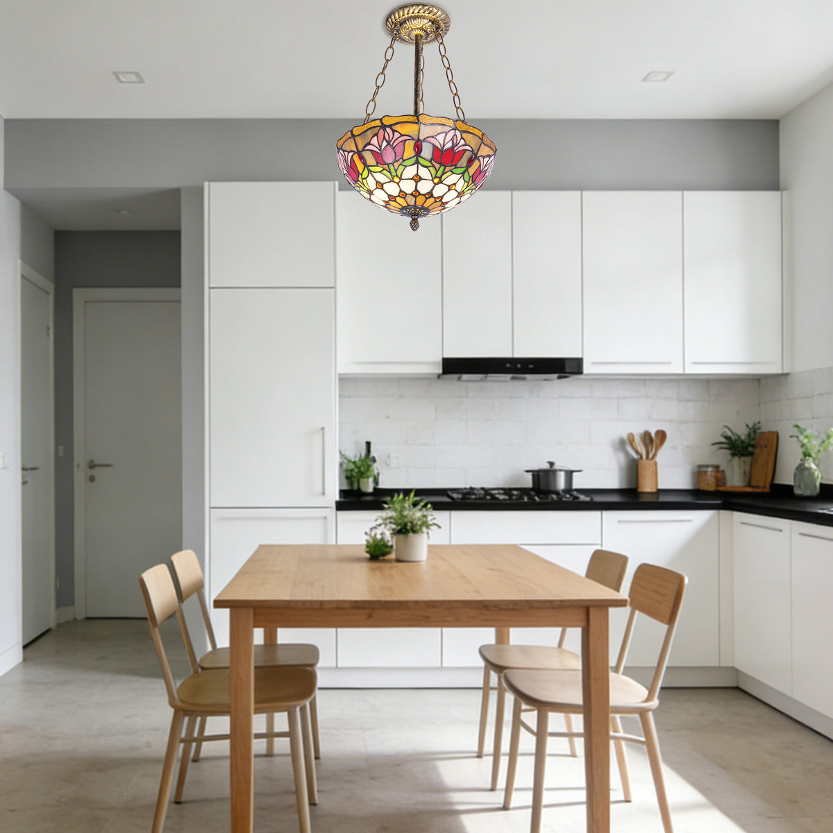 Tulip Stained Glass Semi-Flush Mount Chandelier - Gold 2-Light E26 Pendant Light