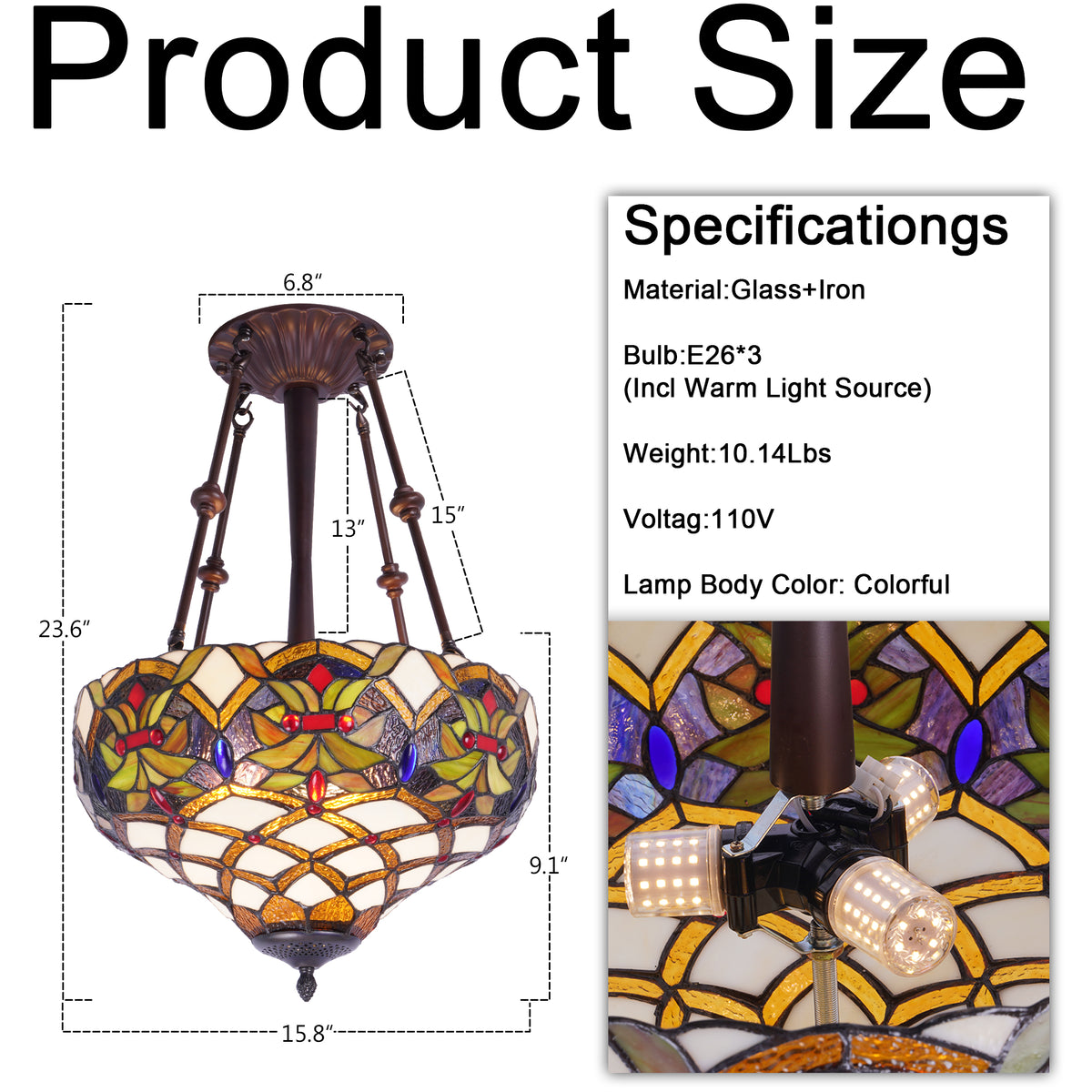 Stained Glass Pendant Light Handcrafted 3-Light E26 Base 15.8 Inch Ceiling Hanging Lamp