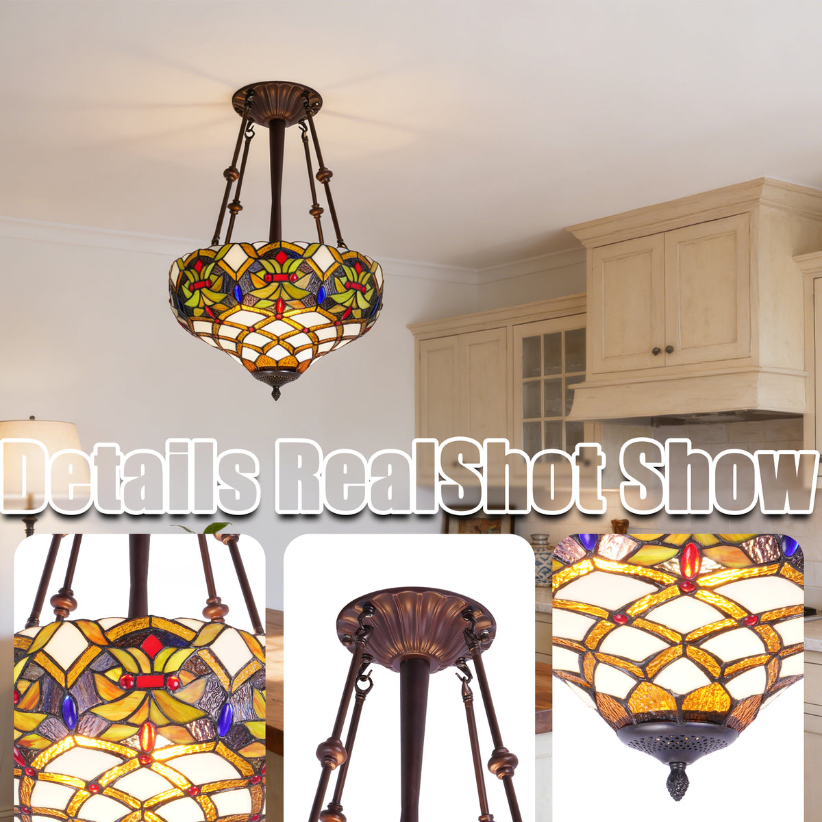 Stained Glass Pendant Light Handcrafted 3-Light E26 Base 15.8 Inch Ceiling Hanging Lamp