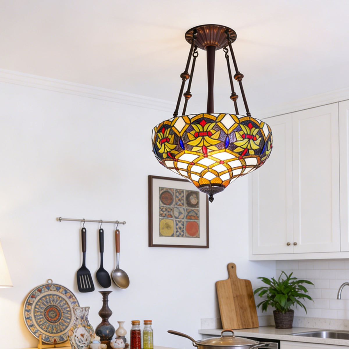 Stained Glass Pendant Light Handcrafted 3-Light E26 Base 15.8 Inch Ceiling Hanging Lamp