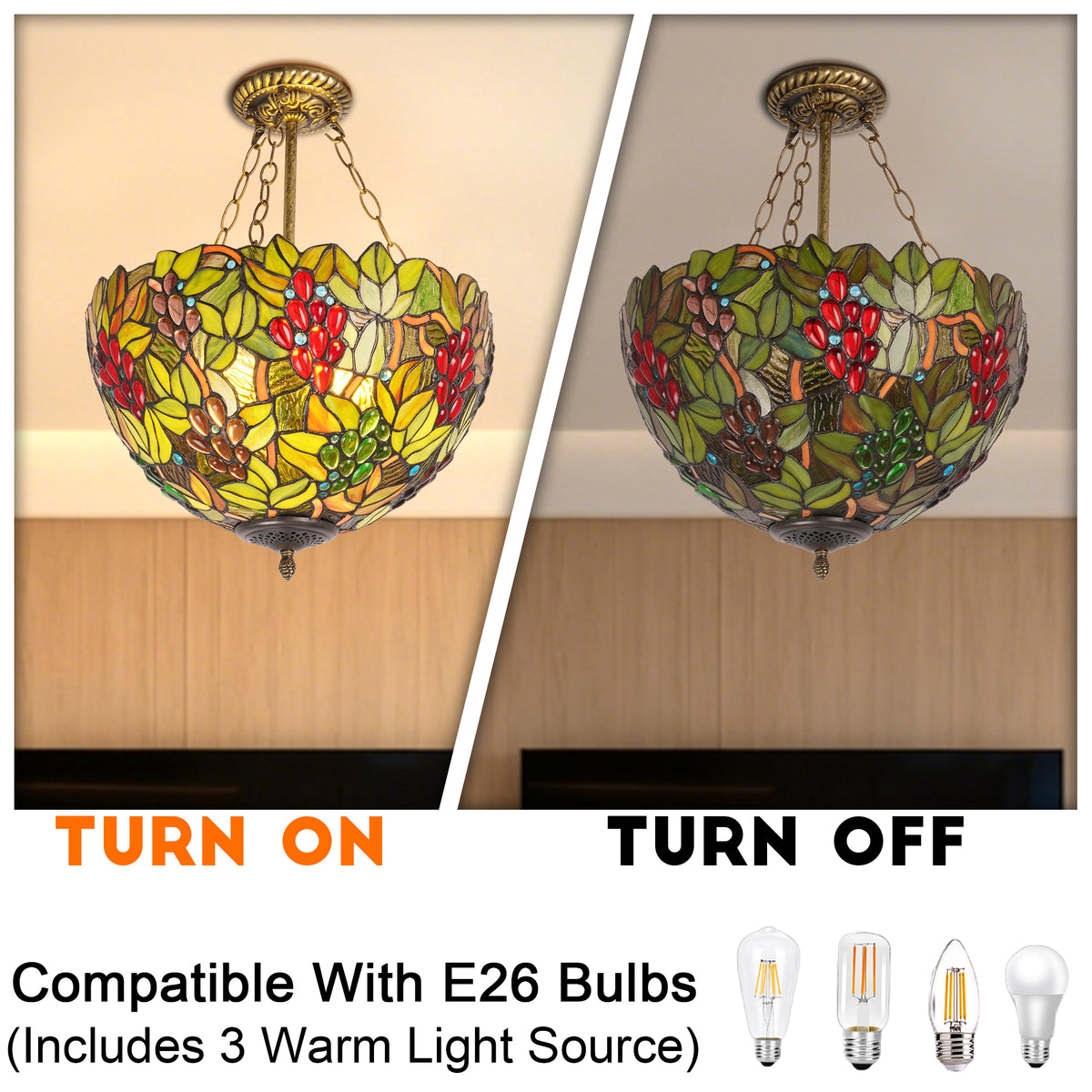 Colorful Grape & Leaf Pattern Stained Glass Chandelier, Glass & Iron Frame Ceiling Pendant Light with E26 Warm Bulbs Included