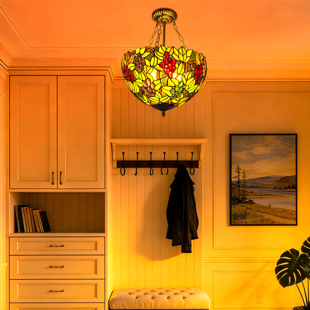 Colorful Grape & Leaf Pattern Stained Glass Chandelier, Glass & Iron Frame Ceiling Pendant Light with E26 Warm Bulbs Included