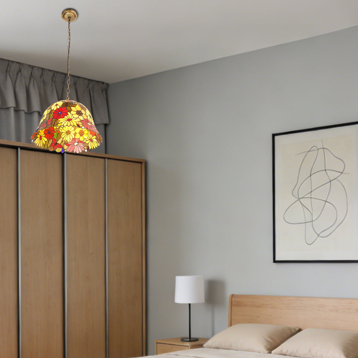 Floral Stained Glass Pendant Light - Colorful 2-Light E26 Pendant Lamp