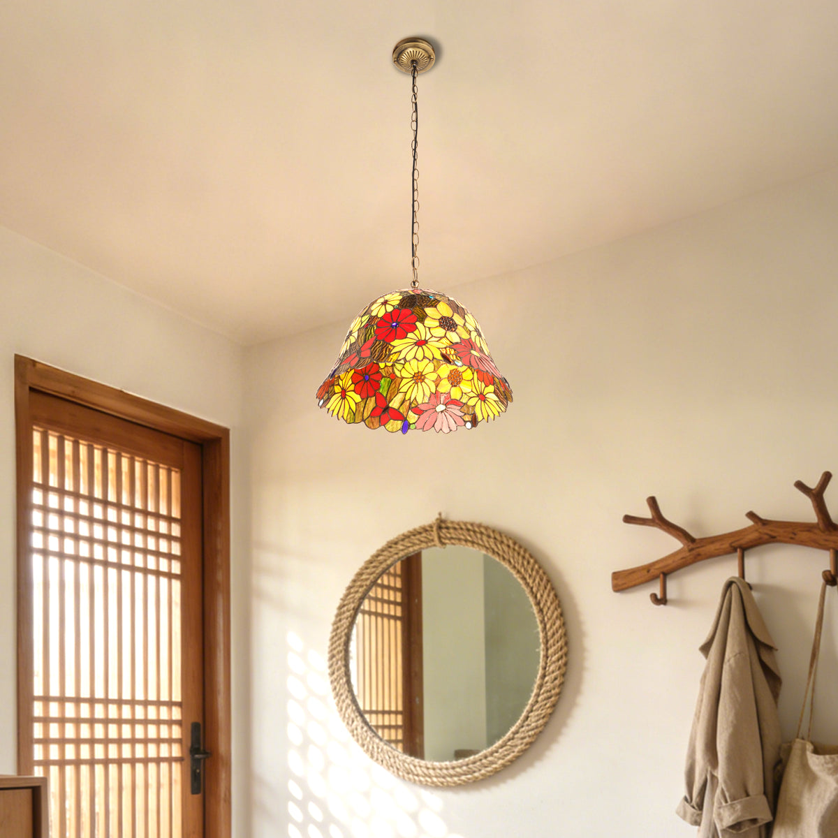 Floral Stained Glass Pendant Light - Colorful 2-Light E26 Pendant Lamp