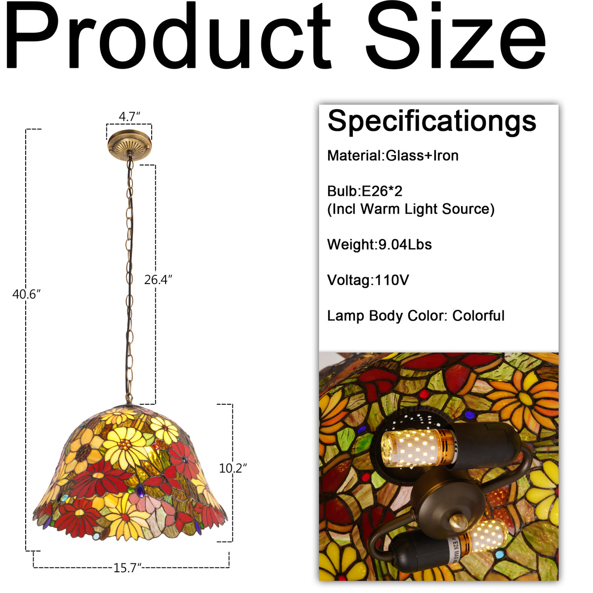 Floral Stained Glass Pendant Light - Colorful 2-Light E26 Pendant Lamp
