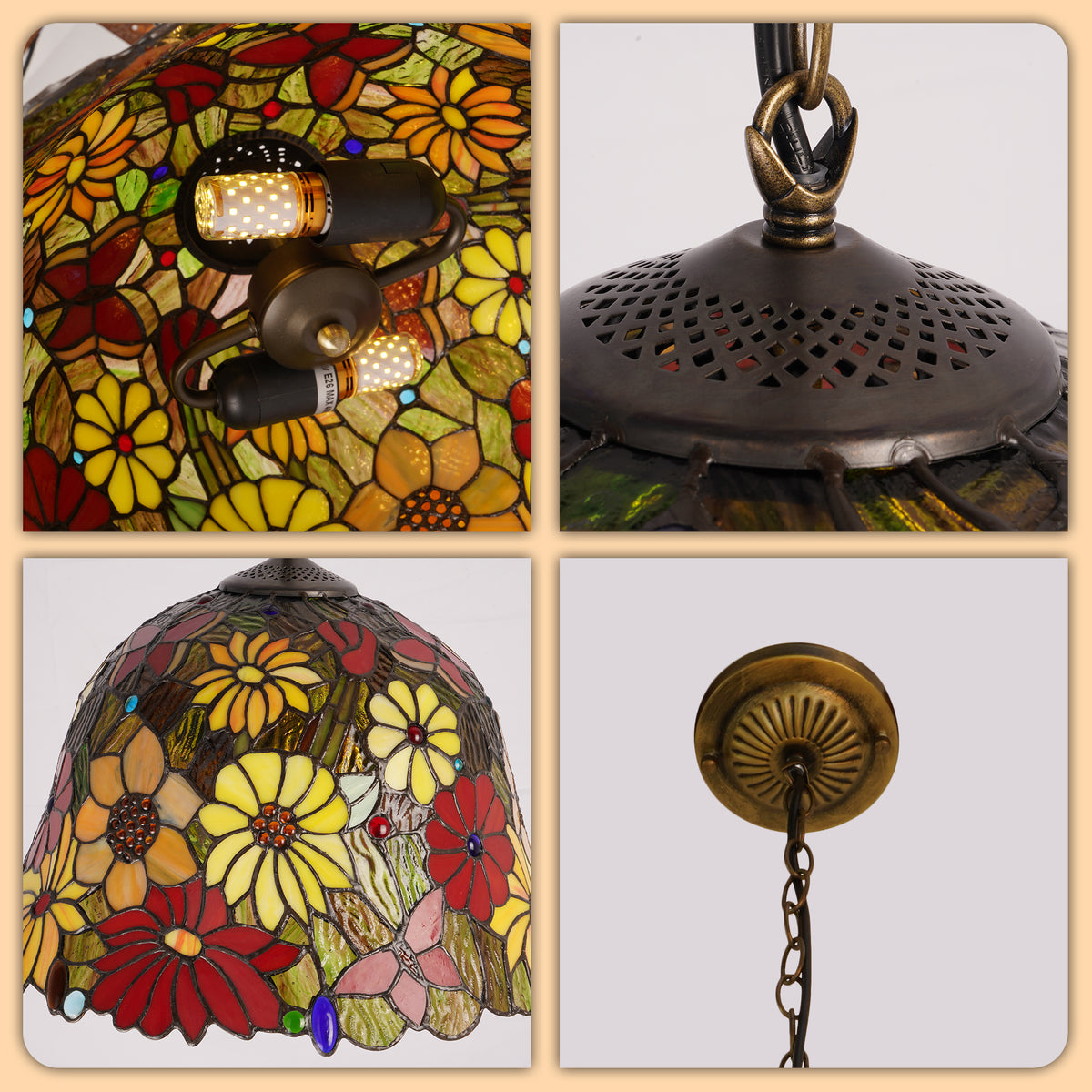 Floral Stained Glass Pendant Light - Colorful 2-Light E26 Pendant Lamp