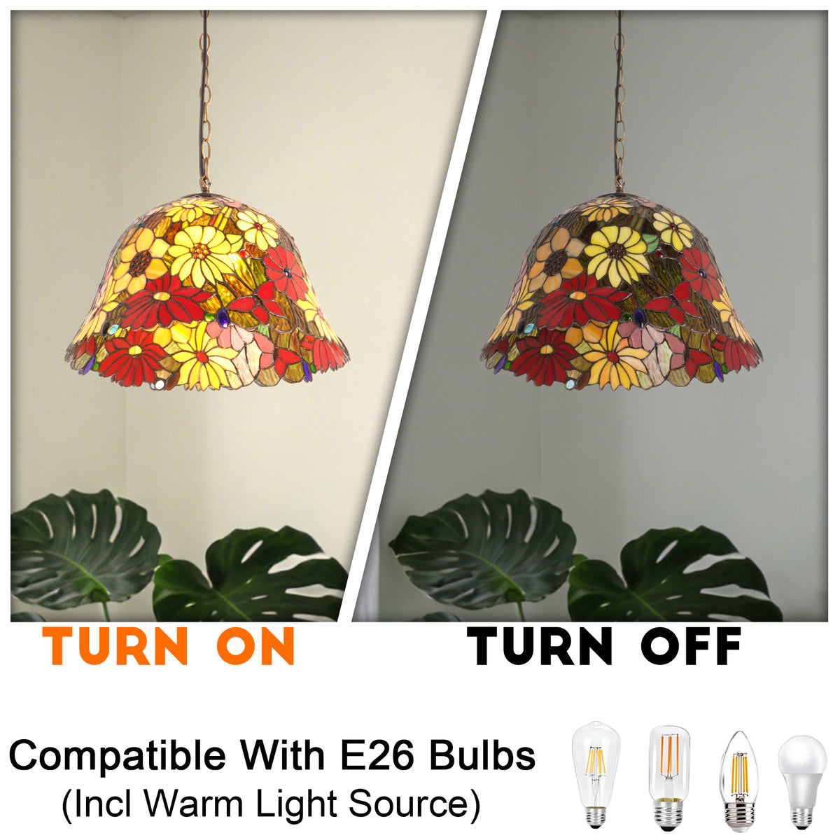 Floral Stained Glass Pendant Light - Colorful 2-Light E26 Pendant Lamp