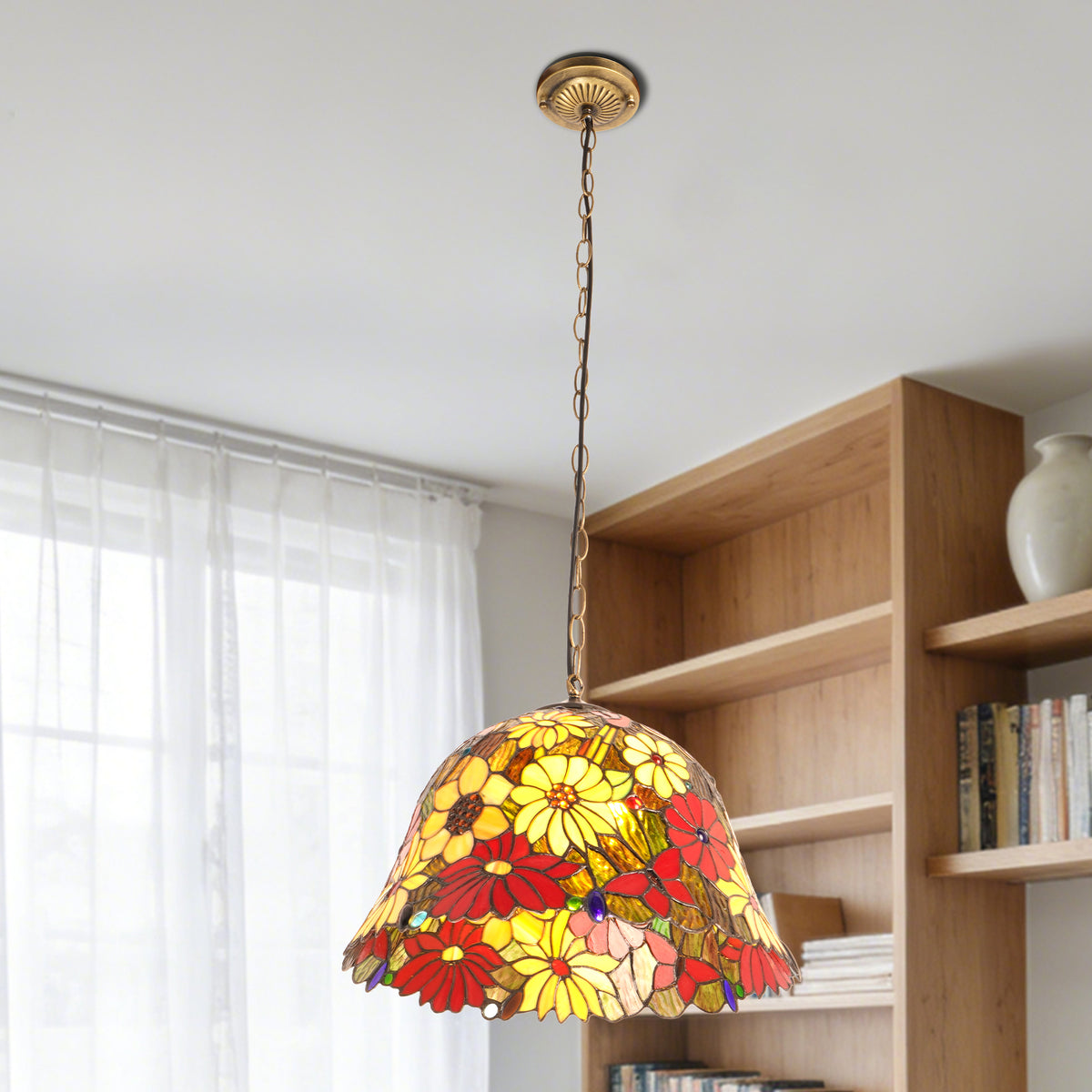Floral Stained Glass Pendant Light - Colorful 2-Light E26 Pendant Lamp