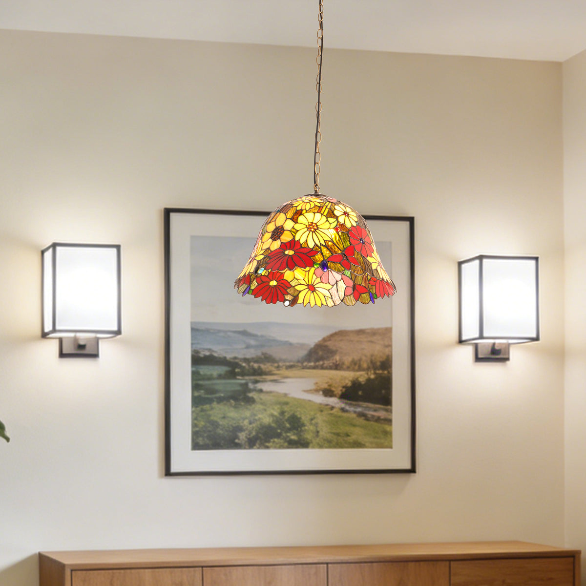 Floral Stained Glass Pendant Light - Colorful 2-Light E26 Pendant Lamp