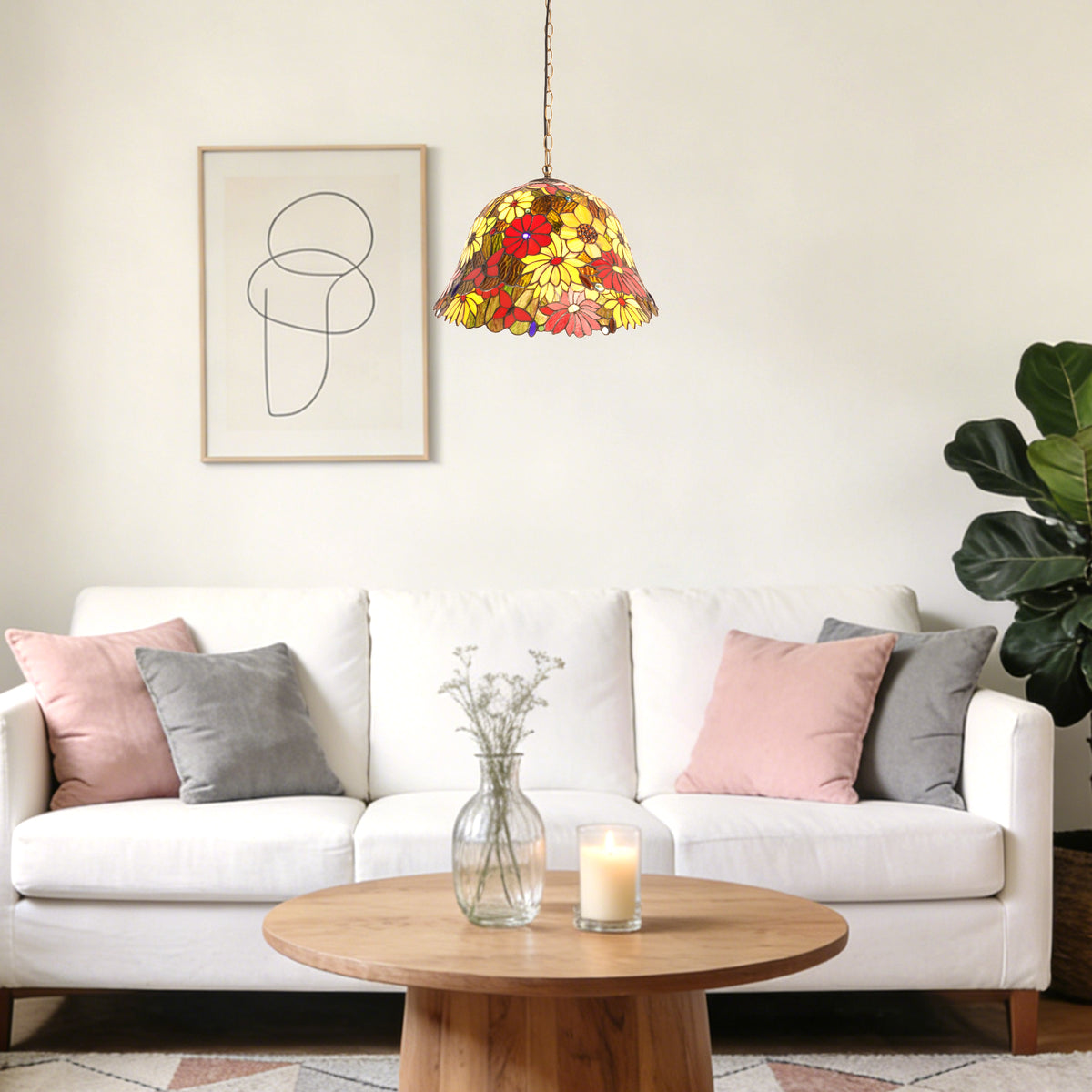 Floral Stained Glass Pendant Light - Colorful 2-Light E26 Pendant Lamp