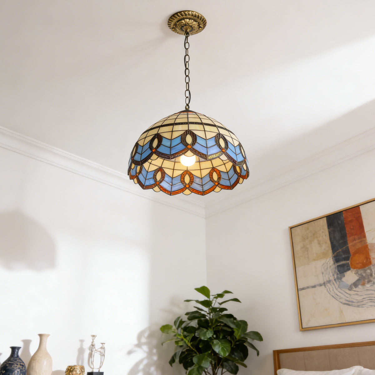 Geometric Stained Glass Pendant Light - Beige & Blue 1-Light E26 Pendant Lamp