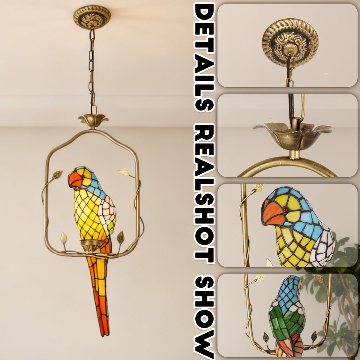 Parrot Stained Glass Pendant Light - Antique Bronze 1-Light E26 Pendant Lamp