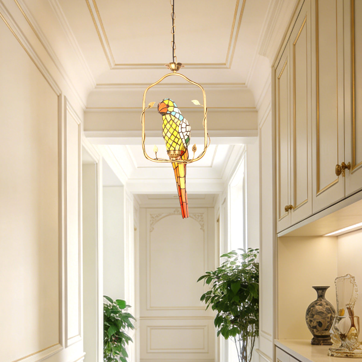 Parrot Stained Glass Pendant Light - Antique Bronze 1-Light E26 Pendant Lamp