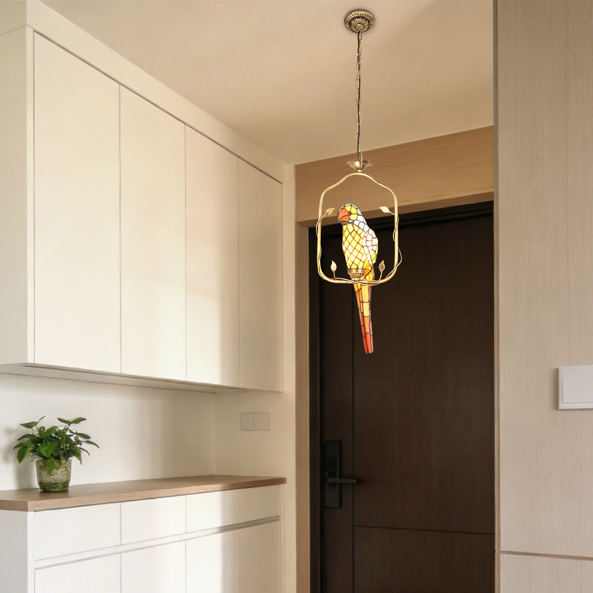 Parrot Stained Glass Pendant Light - Antique Bronze 1-Light E26 Pendant Lamp